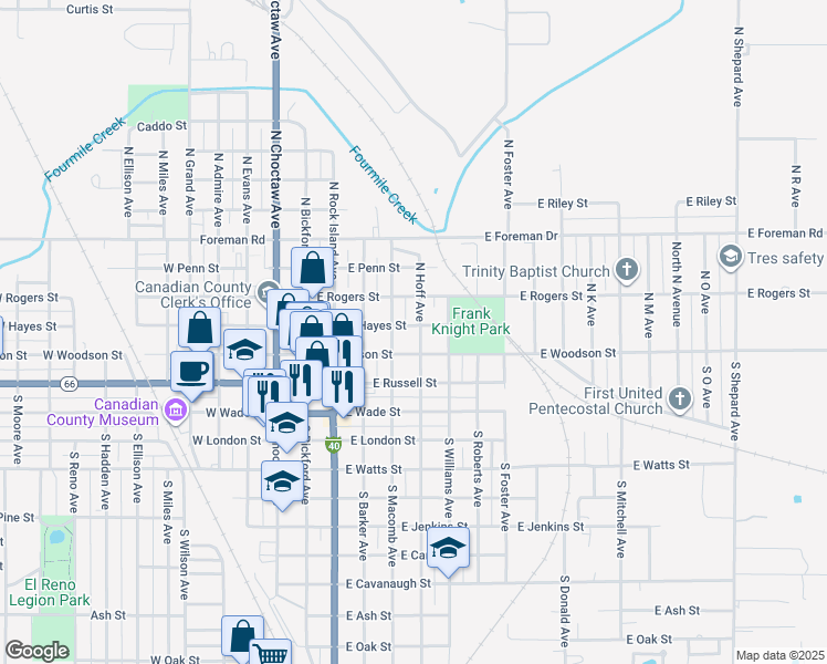 map of restaurants, bars, coffee shops, grocery stores, and more near 121 North Hoff Avenue in El Reno