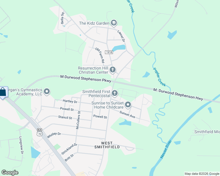 map of restaurants, bars, coffee shops, grocery stores, and more near 102 Shady Lane Drive in Smithfield