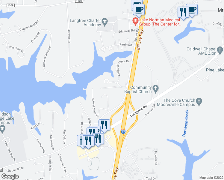 map of restaurants, bars, coffee shops, grocery stores, and more near Wades Way in Mooresville