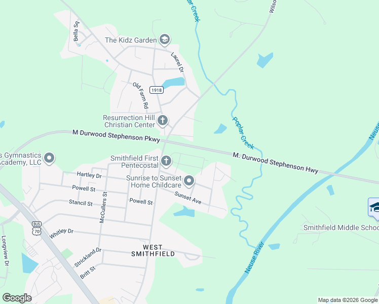 map of restaurants, bars, coffee shops, grocery stores, and more near 1010 Wilsons Mills Road in Smithfield
