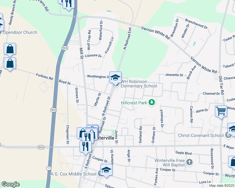 map of restaurants, bars, coffee shops, grocery stores, and more near 2439 Railroad Street in Winterville
