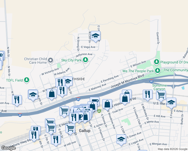 map of restaurants, bars, coffee shops, grocery stores, and more near 230 East Wilson Avenue in Gallup
