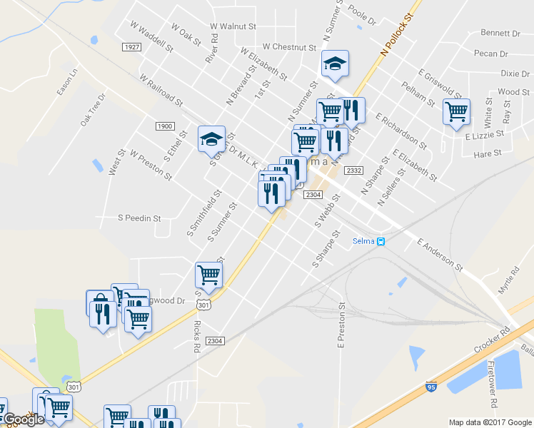 map of restaurants, bars, coffee shops, grocery stores, and more near 206 West Watson Street in Selma