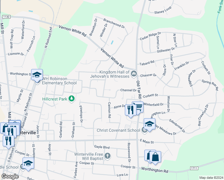 map of restaurants, bars, coffee shops, grocery stores, and more near 521 Coventry Court in Winterville