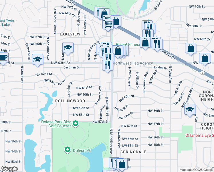 map of restaurants, bars, coffee shops, grocery stores, and more near 6113 North Meridian Avenue in Oklahoma City