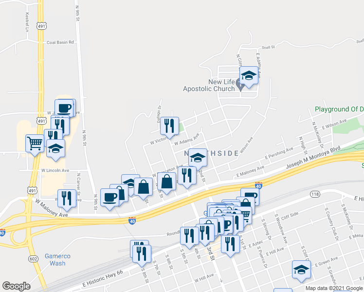 map of restaurants, bars, coffee shops, grocery stores, and more near 209 West Adams Avenue in Gallup