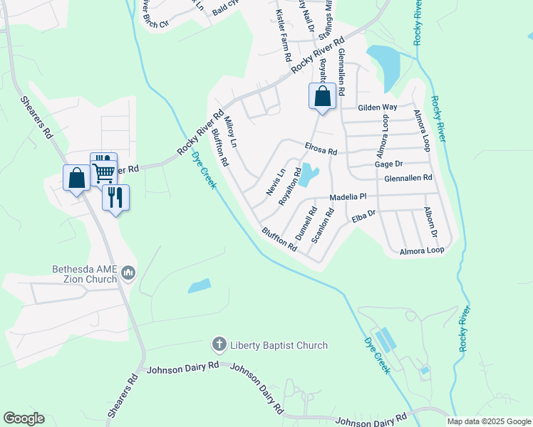 map of restaurants, bars, coffee shops, grocery stores, and more near 260 Royalton Road in Mooresville