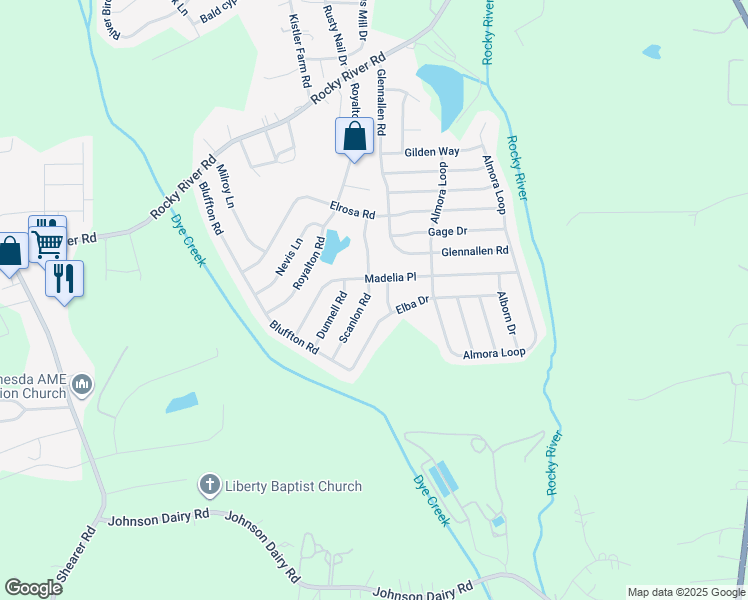 map of restaurants, bars, coffee shops, grocery stores, and more near 159 Scanlon Road in Mooresville