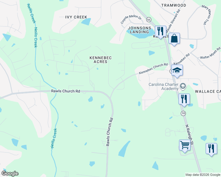 map of restaurants, bars, coffee shops, grocery stores, and more near 1901 Rawls Church Road in Angier