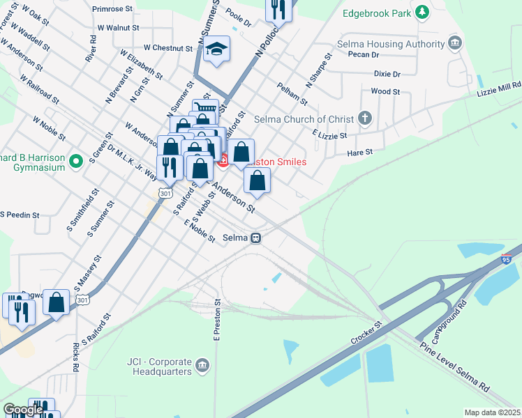 map of restaurants, bars, coffee shops, grocery stores, and more near 405 East Anderson Street in Selma