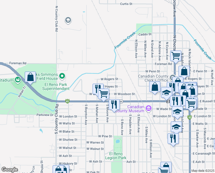 map of restaurants, bars, coffee shops, grocery stores, and more near West Hayes Street in El Reno