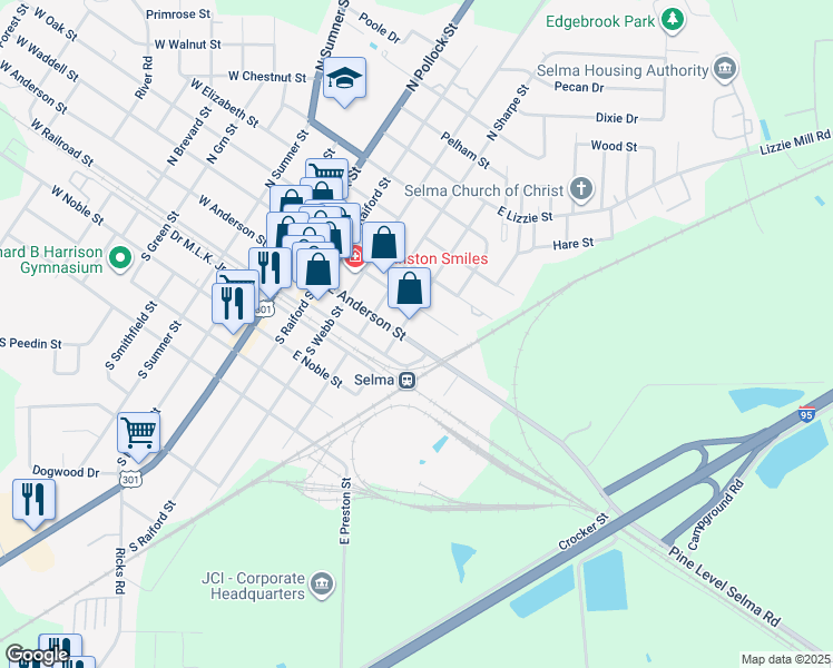 map of restaurants, bars, coffee shops, grocery stores, and more near 405 East Anderson Street in Selma