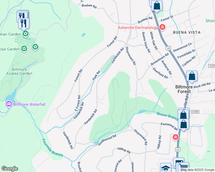 map of restaurants, bars, coffee shops, grocery stores, and more near 396 Vanderbilt Road in Biltmore Forest