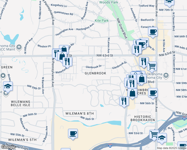 map of restaurants, bars, coffee shops, grocery stores, and more near 1442 Duffner Drive in Oklahoma City
