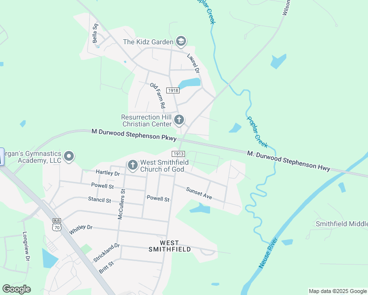 map of restaurants, bars, coffee shops, grocery stores, and more near 1006 Wilsons Mills Road in Smithfield