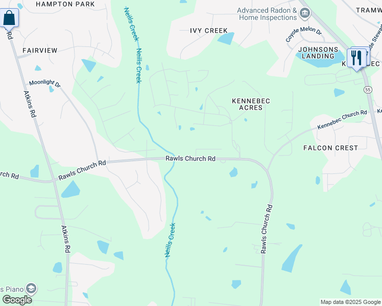 map of restaurants, bars, coffee shops, grocery stores, and more near 2200 Rawls Church Road in Fuquay-Varina