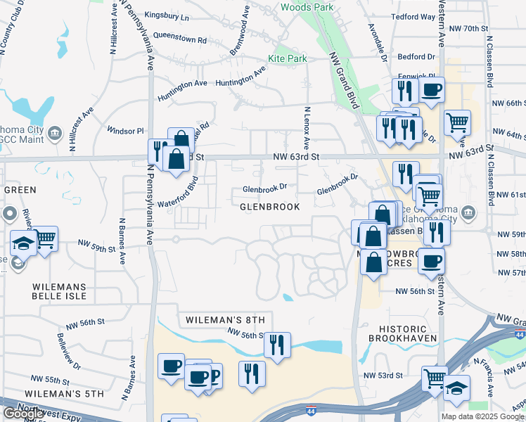 map of restaurants, bars, coffee shops, grocery stores, and more near 1442 Duffner Drive in Oklahoma City