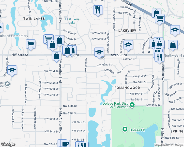 map of restaurants, bars, coffee shops, grocery stores, and more near 5024 Northwest 61st Place in Oklahoma City