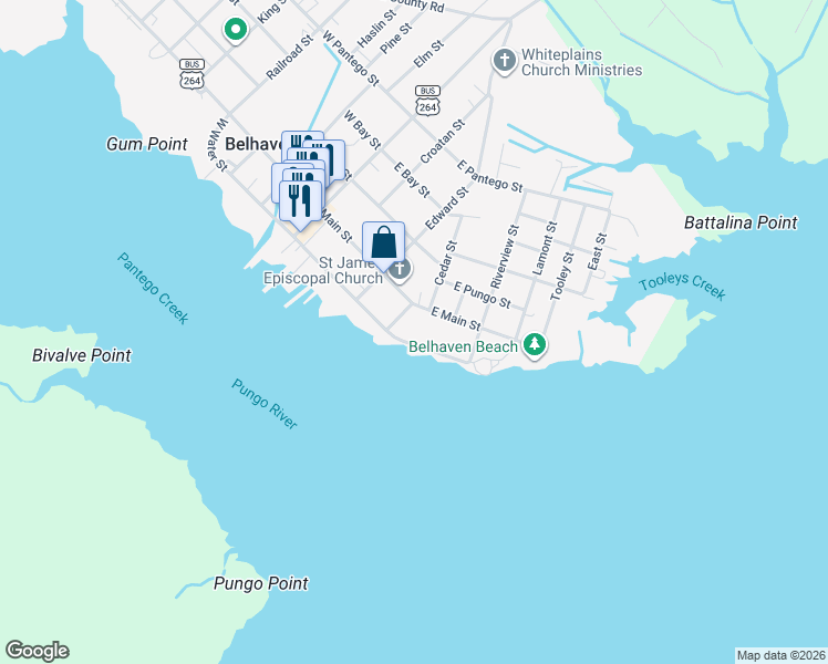 map of restaurants, bars, coffee shops, grocery stores, and more near 637 Water Street in Belhaven