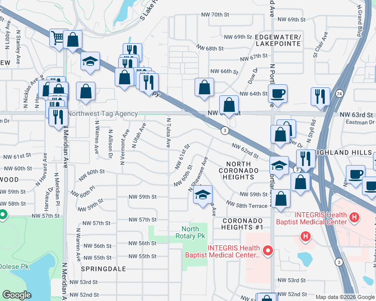map of restaurants, bars, coffee shops, grocery stores, and more near 4008 Northwest 60th Street in Oklahoma City