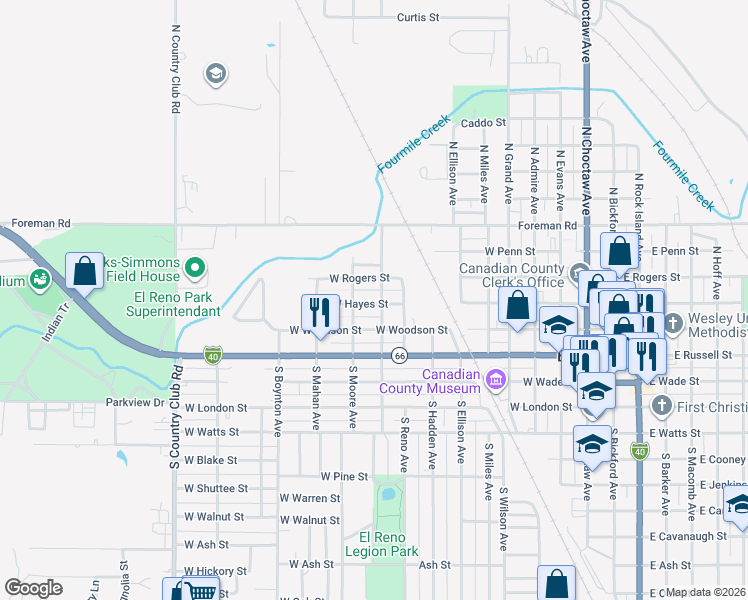 map of restaurants, bars, coffee shops, grocery stores, and more near 920 West Woodson Street in El Reno