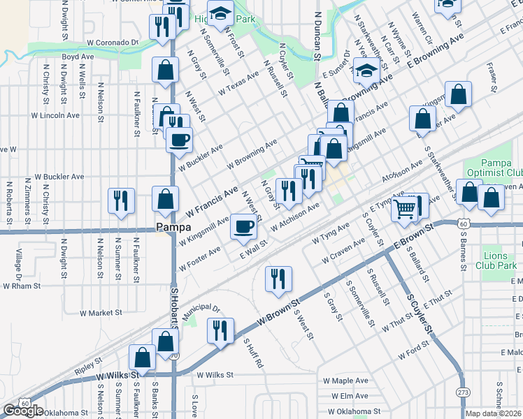 map of restaurants, bars, coffee shops, grocery stores, and more near 600-698 West Foster Avenue in Pampa