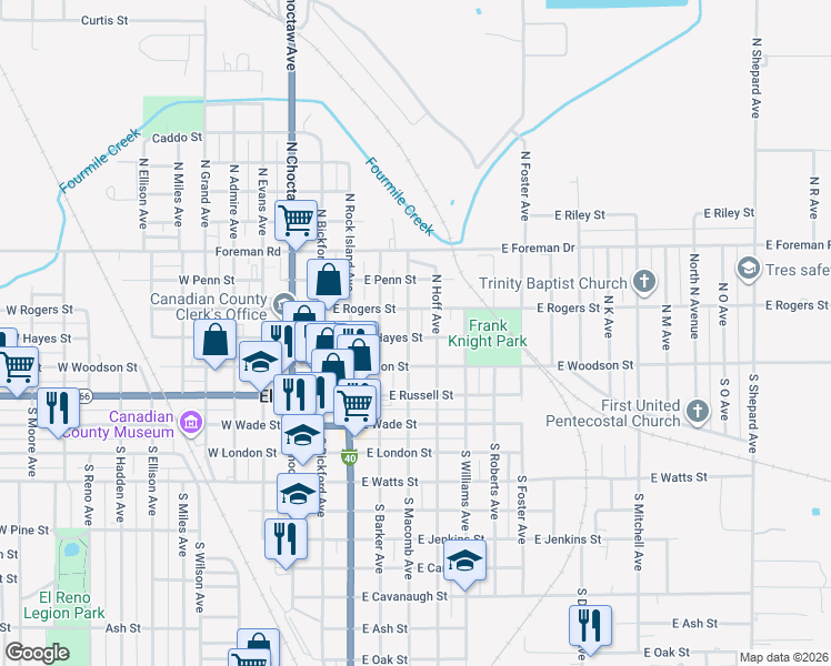 map of restaurants, bars, coffee shops, grocery stores, and more near 218 North Macomb Avenue in El Reno
