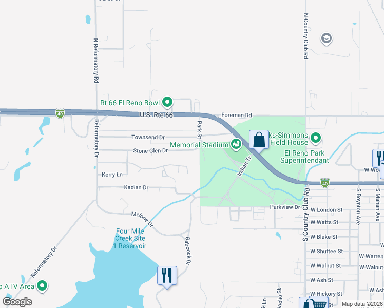 map of restaurants, bars, coffee shops, grocery stores, and more near 2400 Stone Glen Drive in El Reno