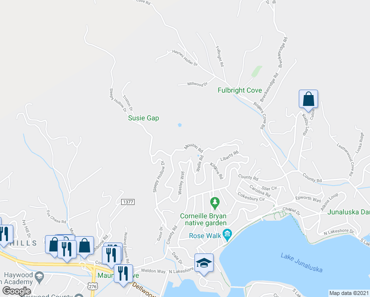 map of restaurants, bars, coffee shops, grocery stores, and more near 615 Mouzon Road in Waynesville