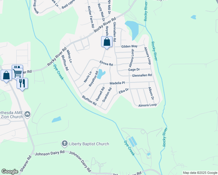 map of restaurants, bars, coffee shops, grocery stores, and more near 156 Scanlon Road in Mooresville