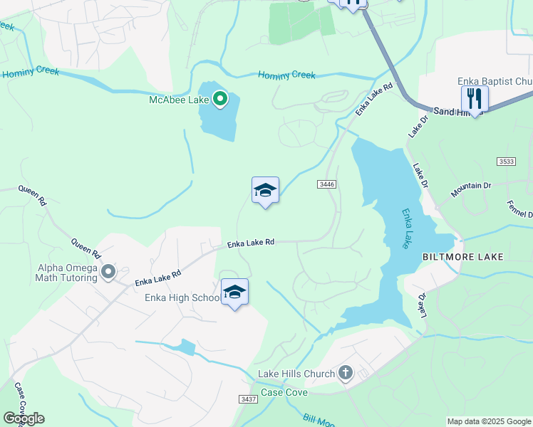 map of restaurants, bars, coffee shops, grocery stores, and more near 450 Enka Lake Road in Candler