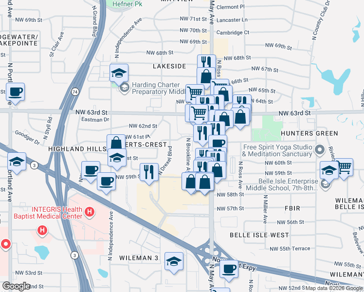 map of restaurants, bars, coffee shops, grocery stores, and more near 6200 North Drexel Boulevard in Oklahoma City