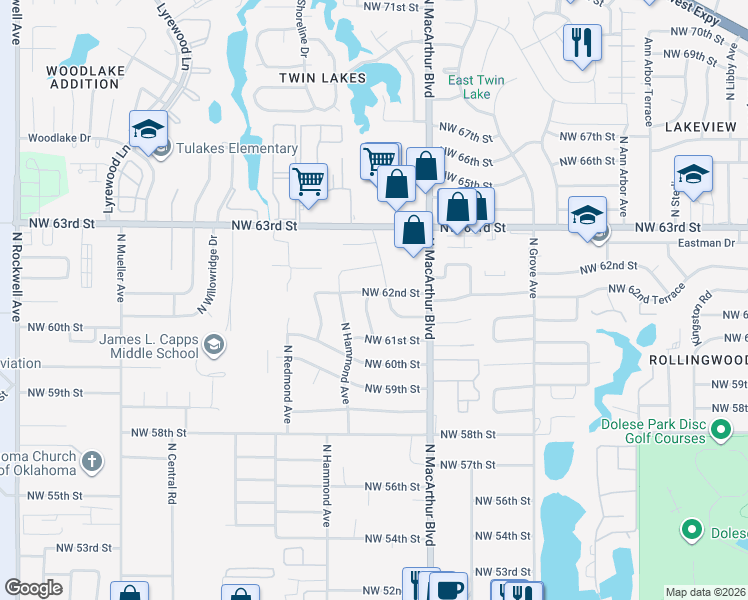 map of restaurants, bars, coffee shops, grocery stores, and more near 6309 Norman Road in Warr Acres