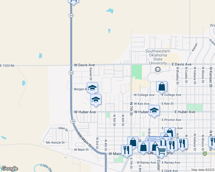 map of restaurants, bars, coffee shops, grocery stores, and more near 601 North 5th Street in Weatherford
