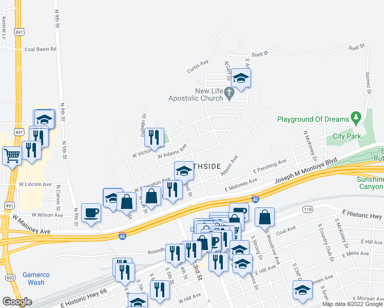 map of restaurants, bars, coffee shops, grocery stores, and more near 700 North 1st Street in Gallup