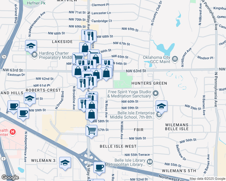 map of restaurants, bars, coffee shops, grocery stores, and more near 2701 Northwest 62nd Street in Oklahoma City