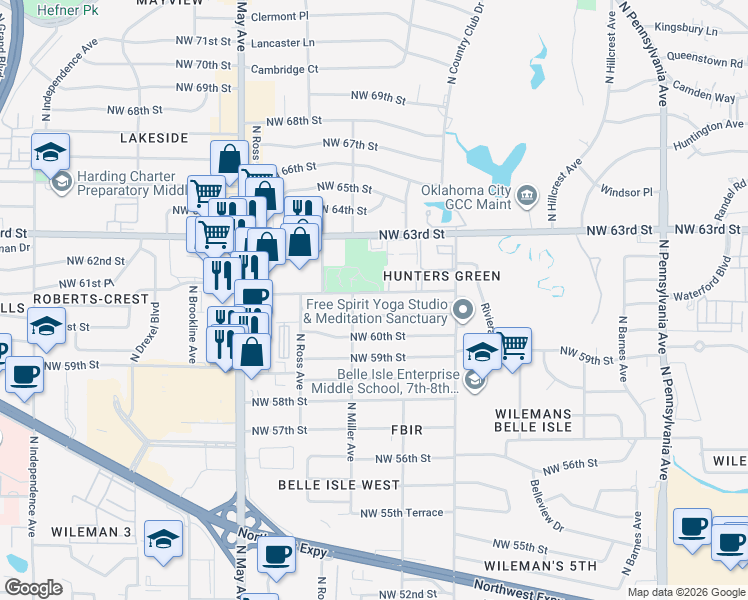 map of restaurants, bars, coffee shops, grocery stores, and more near 2627 Northwest 62nd Street in Oklahoma City
