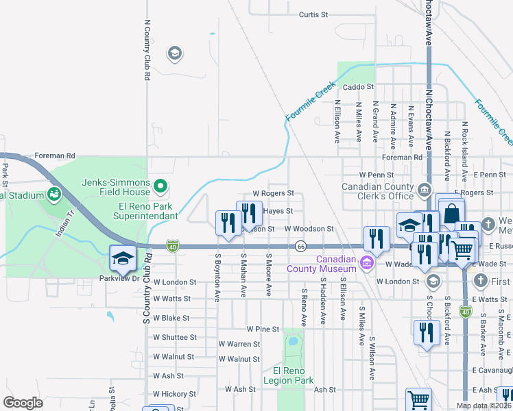map of restaurants, bars, coffee shops, grocery stores, and more near 1019 West Rogers Street in El Reno