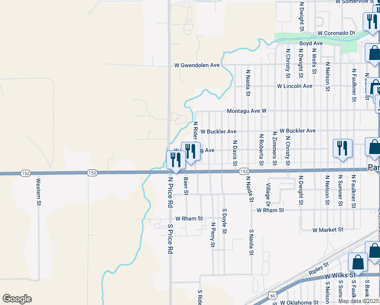 map of restaurants, bars, coffee shops, grocery stores, and more near 400-498 North Rider Street in Pampa