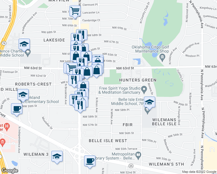 map of restaurants, bars, coffee shops, grocery stores, and more near 2704 Northwest 62nd Street in Oklahoma City