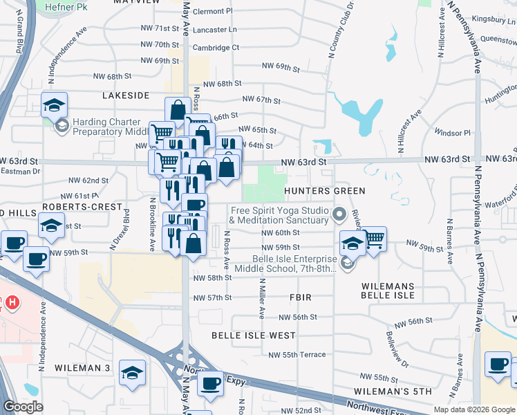 map of restaurants, bars, coffee shops, grocery stores, and more near 2701 Northwest 62nd Street in Oklahoma City
