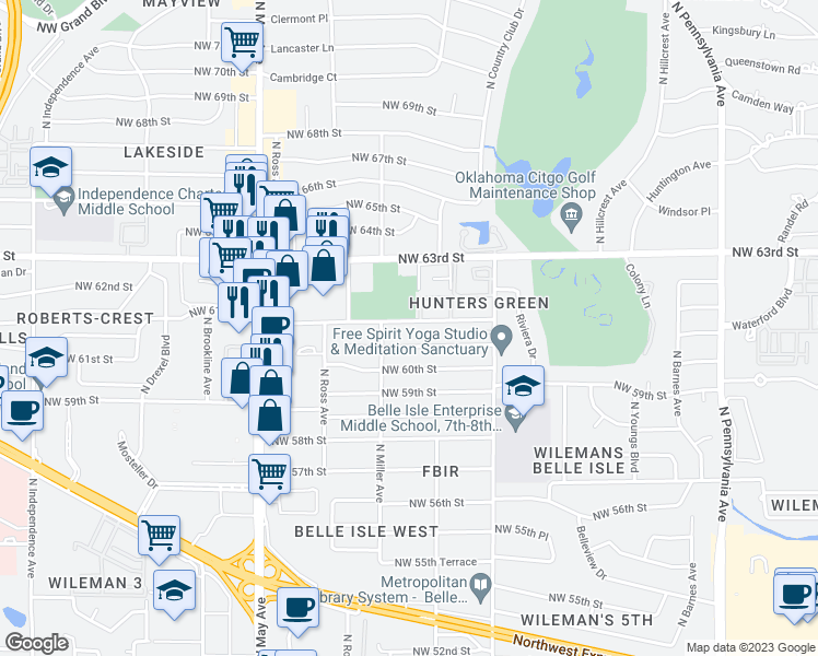 map of restaurants, bars, coffee shops, grocery stores, and more near 2612 Northwest 62nd Street in Oklahoma City