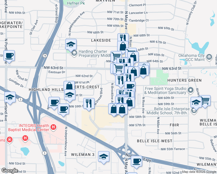 map of restaurants, bars, coffee shops, grocery stores, and more near 6105 North Brookline Avenue in Oklahoma City