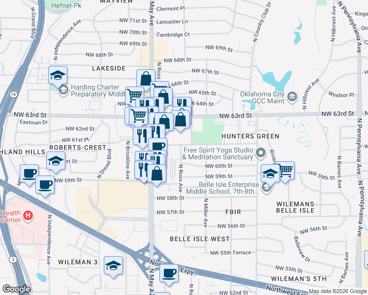 map of restaurants, bars, coffee shops, grocery stores, and more near 2838 Northwest 63rd Street in Oklahoma City