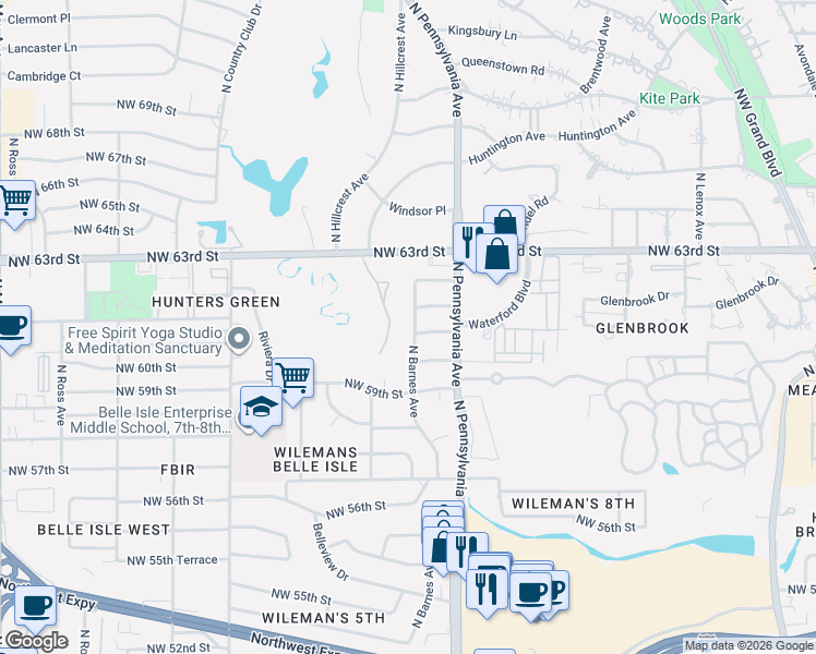 map of restaurants, bars, coffee shops, grocery stores, and more near 6109 North Barnes Avenue in Oklahoma City