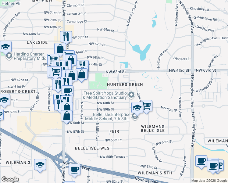 map of restaurants, bars, coffee shops, grocery stores, and more near 2225 Northwest 62nd Street in Oklahoma City