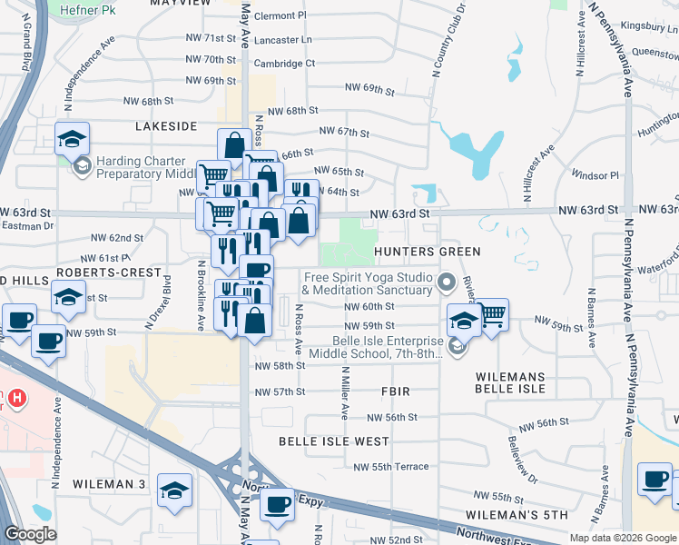 map of restaurants, bars, coffee shops, grocery stores, and more near 2701 Northwest 62nd Street in Oklahoma City