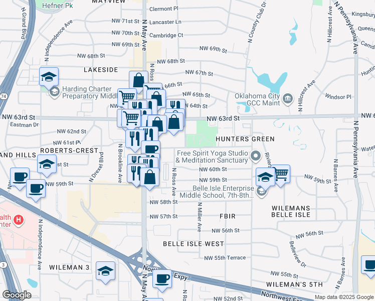 map of restaurants, bars, coffee shops, grocery stores, and more near 2701 Northwest 62nd Street in Oklahoma City