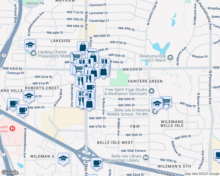 map of restaurants, bars, coffee shops, grocery stores, and more near 2701 Northwest 62nd Street in Oklahoma City