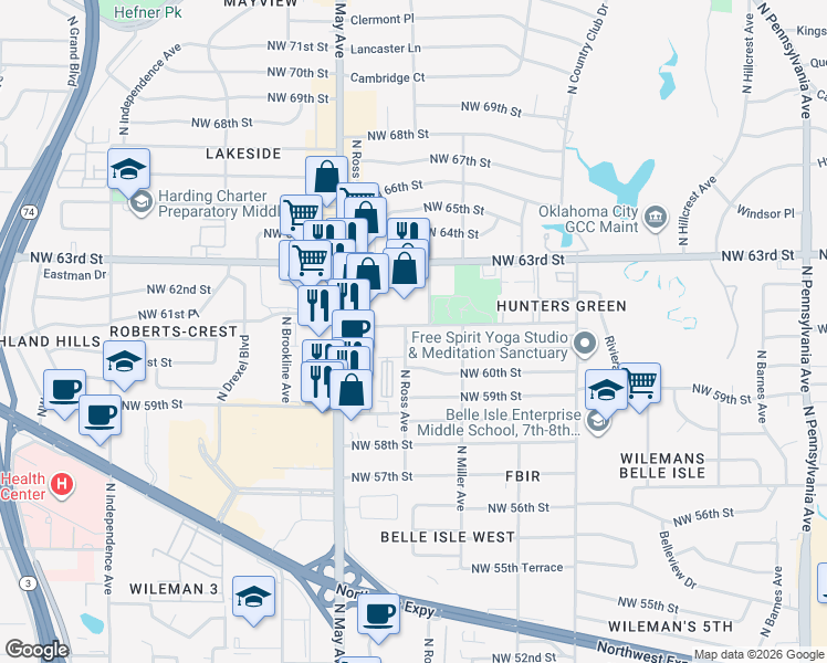 map of restaurants, bars, coffee shops, grocery stores, and more near 2838 Northwest 63rd Street in Oklahoma City